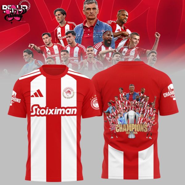 Olympiacos F.C 48th 100 Years Champions Stoiximan Super League 2024-2025 T-Shirt